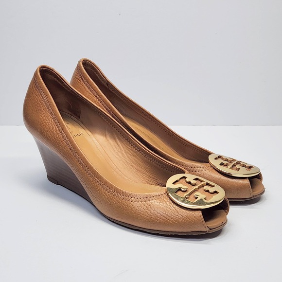 Tory Burch Shoes - Tory Burch Shoes Womens Size 9** Brown Leather Peep Toe Wedge Logo Pumps